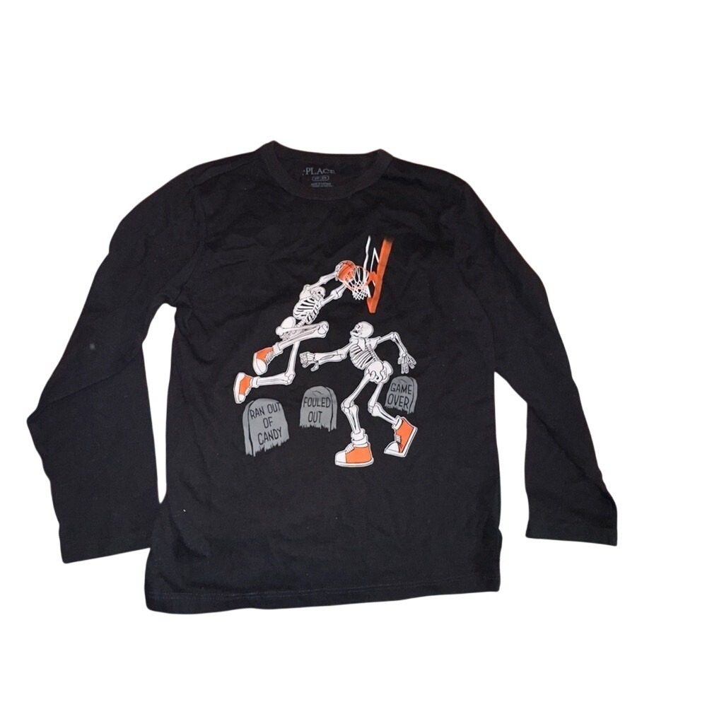 Childrens Place Boys Black Skeleton Basketball Graphic Long Sleeve Tee Shirt 5/6